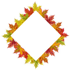 Fall Maple Leaves Diamond Template. Autumn Leaves Wreath with Text Space. Watercolor Botanical Diamond Frame for Artistic Card, Invitation, and Promo Printable.