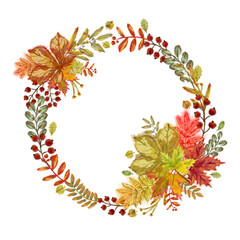 Fall Foliage Wreath with Two Vignettes. Autumn Decoration for Print, Poster, Greeting Card, and Invitation.