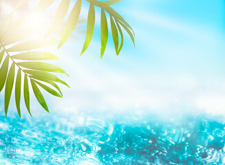 Fototapeta na wymiar Sea or ocean background with palm trees leaves and sun rays, tropical Caribbean or Hawaiian paradise, summer tourism and travel. Beach vacation concept with crystal blue pure oceanic water horizon.