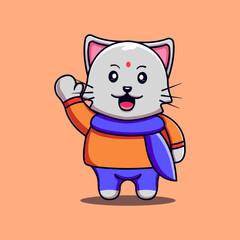Illustration of cute cat waving Cute Cat Celebrating Holy Festival, Vector Illustration Cat Mascot Cartoon Character