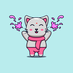 Cute Cat Celebrating Holy Festival Vector Illustration Cat Mascot Cartoon Character