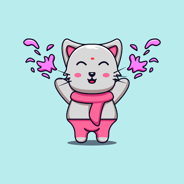 Cute Cat Celebrating Holy Festival Vector Illustration Cat Mascot Cartoon Character