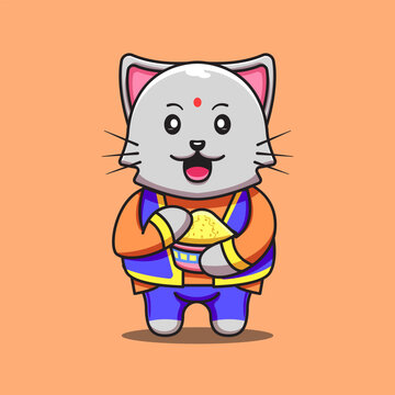 Illustration Of A Cute Cat Holding A Container Filled With Colored Powder, Cute Cat Celebrating Holy Festival Vector Illustration Cat Mascot Cartoon Character