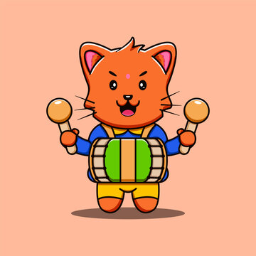 Illustration Of a Cute Cat Playing Drums, Cute Cat Celebrating Holy Festival Vector Illustration Cat Mascot Cartoon Character