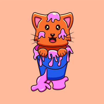 Illustration Of A Cute Cat Bathing In Colored Liquid, Cute Cat Celebrating Holy Color Festival Vector Illustration Cat Mascot Cartoon Character