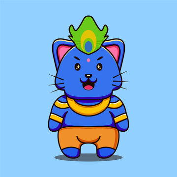 Cute Cat Illustration With Cosplay Krishna In Holi Color Festival Cut Cat Mascot Cartoon Character