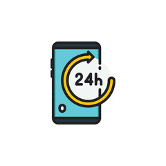 Phone, cellphone smartphone with 24 hours filled outline icons. Vector illustration. Isolated icon suitable for web, infographics, interface and apps.