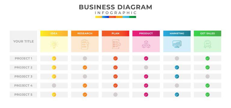 6 Steps Modern Project Table comparison diagram with check list and icon symbol, presentation vector infographic. Infographic template for business.
