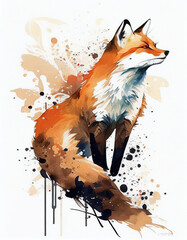 Beautiful Fox Japanese Style Watercolor Painting Dog. Generative AI