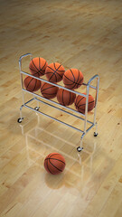 practice basketball concept. Training ball rack over court floor. 3d rendering. Vertical orientation.