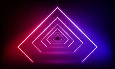 Podium, road, pedestal, platform in form rhombus with neon luminous rays on blue red background. Stage with scenic lights. Abstract 3D neon backdrop. Neon magic lights square. Vector illustration.