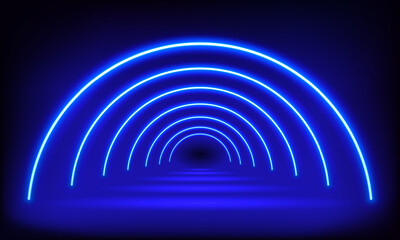 Podium, road, pedestal, platform in form circle with neon luminous rays on blue background. Stage with scenic lights. Abstract 3D neon backdrop. Neon magic motion lights semicircle.Vector illustration