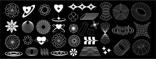Set Retro futuristic and wireframe elements for design. Collection of abstract graphic geometric symbols. Templates for posters, banners, stickers	