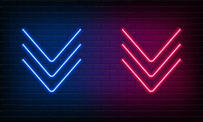 Neon sign Arrow down blue and pink on brick wall background. Vintage electric signboard with bright neon lights. Neon symbol pointer light. Bar or Cafe coffee. Night Club Drink. Vector illustration.