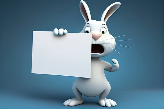 3D rabbit cartoon holding blank sign. 3D animal background