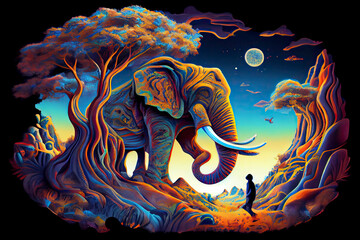 Psychedelic landscape with elephants