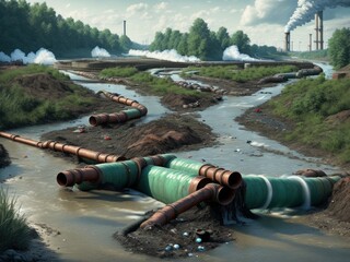 Draining sewage from pipe into river, pollution rivers and ecology. AI generated. Background with selective focus - obrazy, fototapety, plakaty