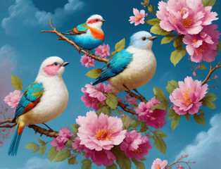 Colorful bird on top of beautiful flowers. AI generated, human enhanced. Background