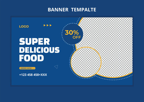 Restaurant food menu social media marketing web banner. Pizza, burger or hamburger online sale promotion video thumbnail. Fast food website background. Food flyer with logo and business icon.