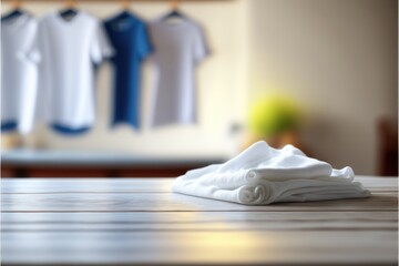 Focus table placing towel in blur laundry and washing machine background. Concept of blank space for advertising product. Finest generative AI.