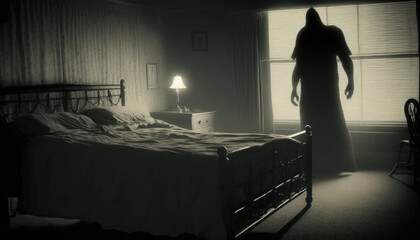 Humanoid Ghost Silhouette Next To Bed. Generative AI. - obrazy, fototapety, plakaty