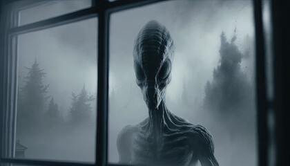 Scary Alien In Front Of Window, Staring. Generative AI.