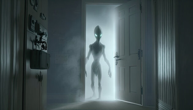 Grey Alien Opens Door. Generative AI.