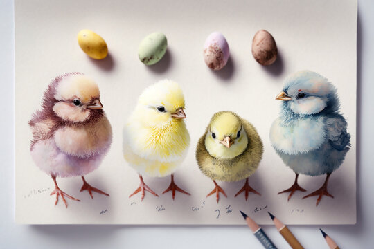 Drawing of four different colors small chicks characters, Easter symbol, AI