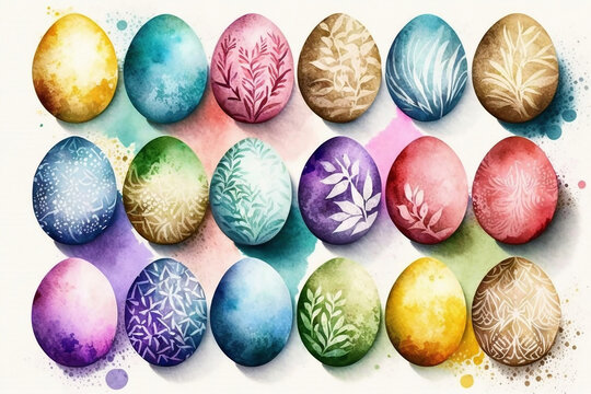 Pattern of Easter different ornaments eggs in a watercolor technique, AI