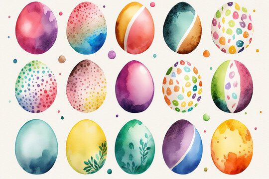 Pattern of Easter diferent colors eggs in a watercolor technique, AI
