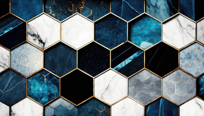 Blue Marble Hexagon Tile Pattern. Generative AI.