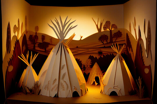 Paper Are Diorama Of Indigenous Teepees. Generative AI.