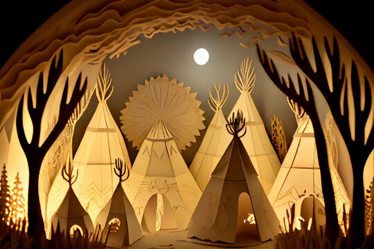 Paper Are Diorama Of Indigenous Teepees. Generative AI.