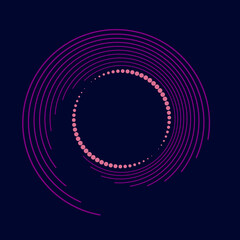 Pink and violet radial curvy stripes and dots. Segmented circle. Geometric art. Circular shape. Trendy design element for border frame, round logo, tattoo, sign, symbol, badge, emblem