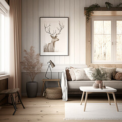 Cozy Nordic Farmhouse Living Room in Beige Tones with Natural Wood Furniture, Perfectly Showcased on a Wall Background Mockup
