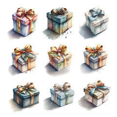 Set of watercolor gift boxes isolated on white. Generative AI, edited in Photoshop. Perfect stickers set