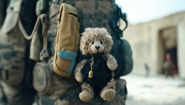 Plush Toy Adorning a Soldier's Backpack During Active Duty in a War Zone. Emotional Resilience in the Face of Adversity. digital ai art	
