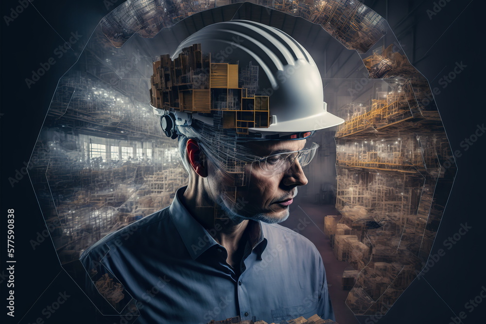 Poster technological engineer portrait ensuring high-quality and precise production quota on factory assemb