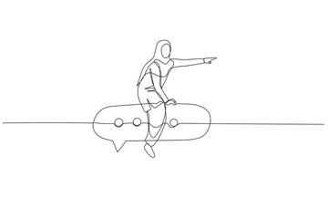 Cartoon of muslim woman ride speech bubble moving to target. metaphor for good coordination. Continuous line art style