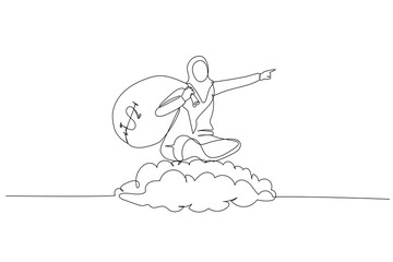 Cartoon of muslim woman riding money bag pointing to goal. metaphor for investment gain. Single continuous line art style