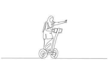Drawing of muslim woman with cape riding segway. metaphor for using tools. Single continuous line art style