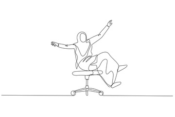 Drawing of muslim woman sitting on uncontrollable chair. metaphor for work depression. One line style art