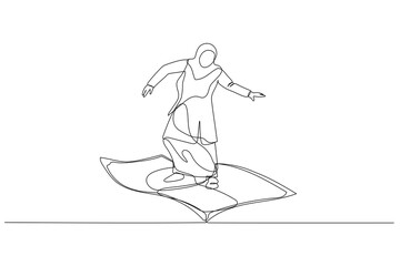 Illustration of muslim woman riding flying money. metaphor for profit. Single continuous line art style