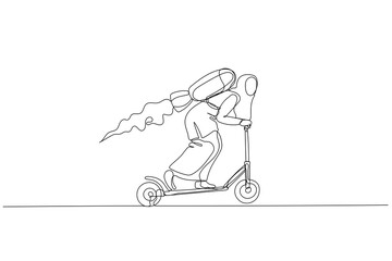 Drawing of muslim woman riding scooter with jet engine. metaphor for business speed. One line art style