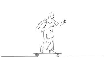 Cartoon of muslim woman riding skateboard. metaphor for youth doing business. Single continuous line art