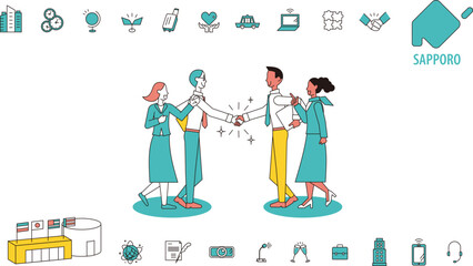 日本の札幌で行われる国際会議に訪れるビジネスマンとアイコンのセット