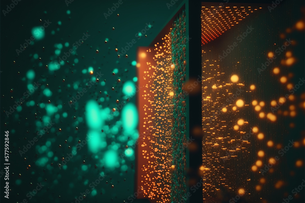 Poster digital binary code matrix technology background. shot of corridor in working data center full of ra