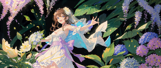 Girl in wedding dress. pixelart.Japanese game style.ウェディングドレスの少女。ドット絵