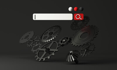 Artificial intelligence (AI) data mining, deep learning computer technologies. with cog gear. The concept of searching for information in technology with AI systems.black background. 3d rendering