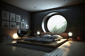 Modern luxury style bedroom interior with gray and dark,  wooden walls, wooden floor, master bed, and a wardrobe with clothes, Artificial light generative AI